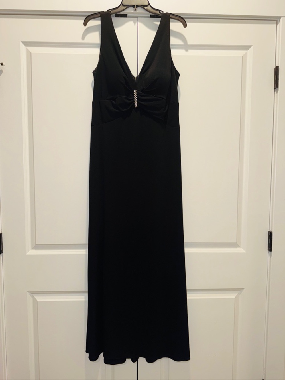 Betsy & Adam Black V-Neck Maxi Dress with Center Rhinestone Accent
